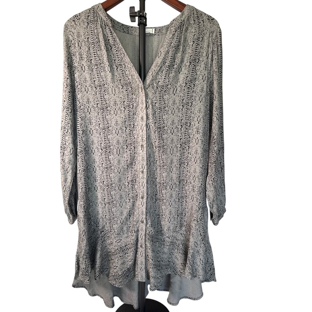 Boho Tunic Hi-Low Ruffle Hem Mini Dress Black & Grey Geometric Small